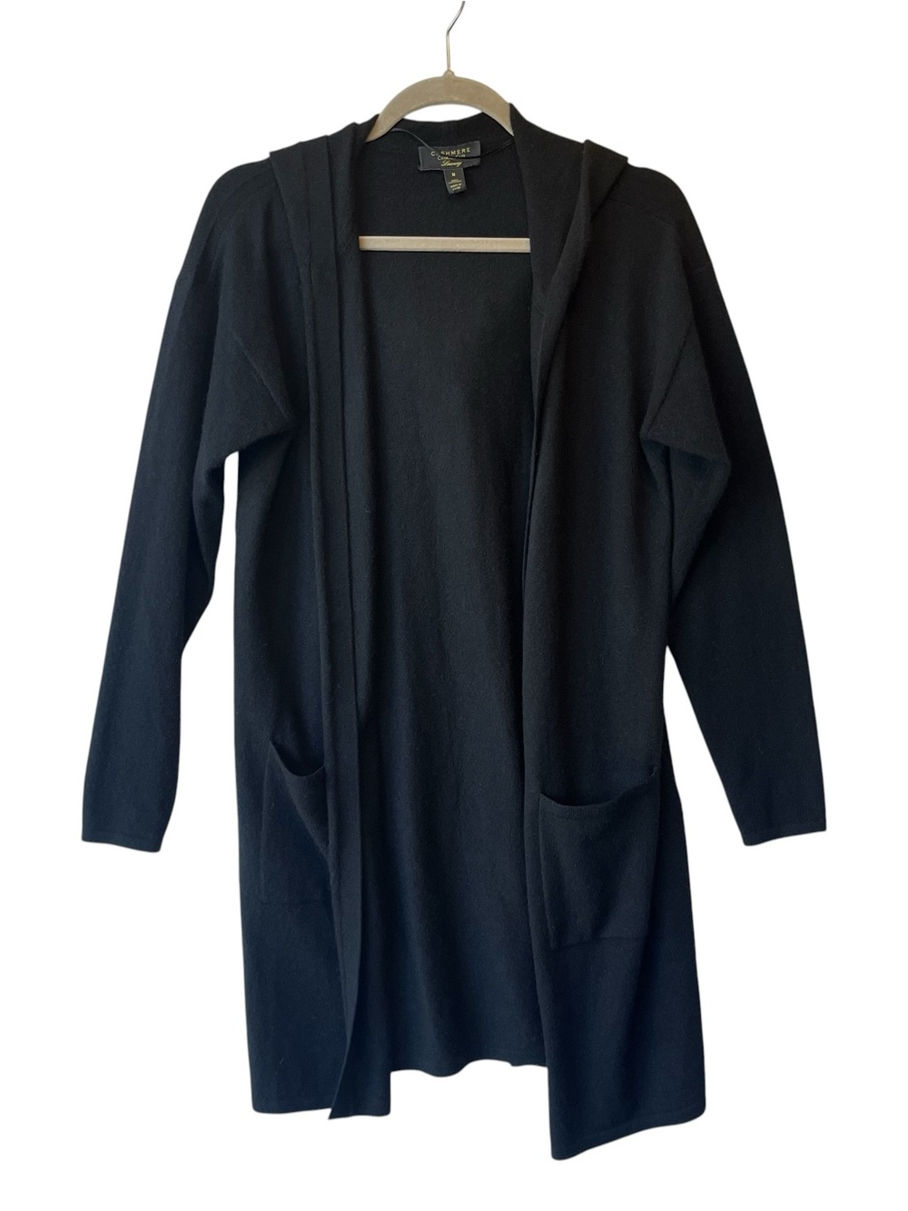 Charter Club 100% Cashmere hooded cardigan M Black Open front Long Womens - Picture 3 of 9